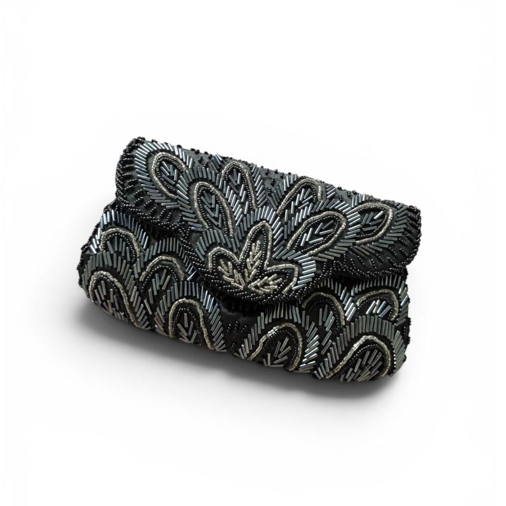 La Regale Vintage Art Deco Black & Gray Satin Envelope Clutch Hand Beaded 1970's